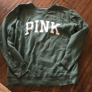 VS PINK distressed green sweatshirt